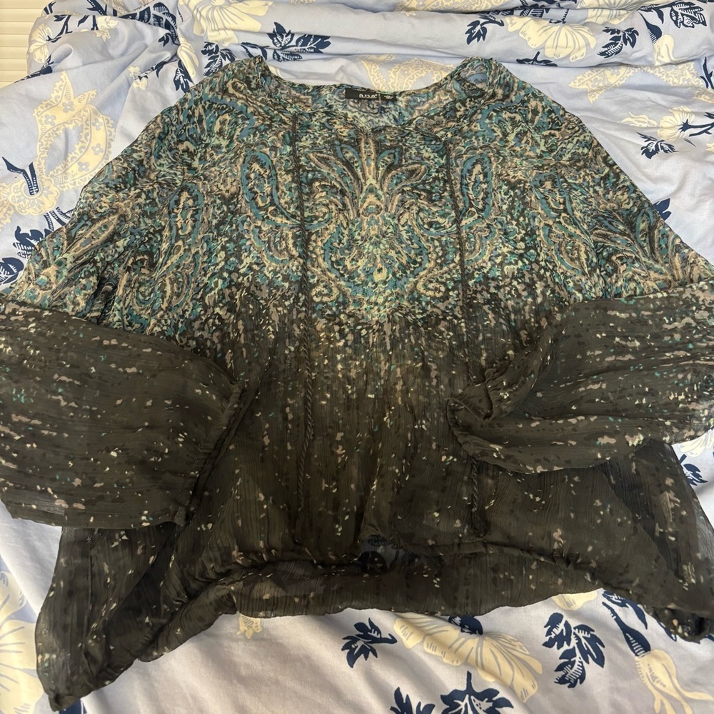 Ana blue and black ombré sheer blouse with tie detail and pattern